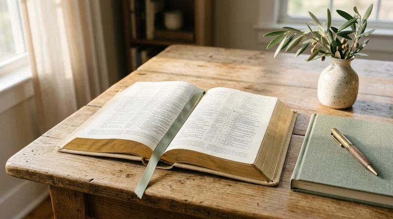 An open Bible and quiet study journal on a light wooden table with soft natural light
